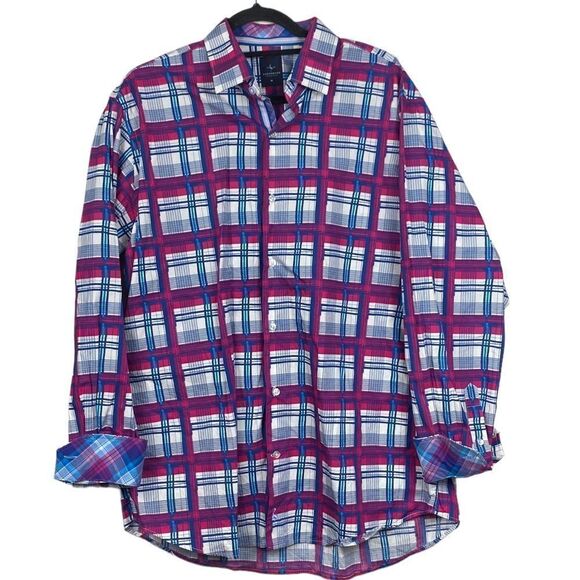 Tailorbyrd Mens Sz XL Red Blue Windowpane Contrast Cuff Button Down Casual Shirt - Picture 1 of 6